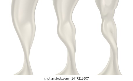 Realistic Pouring Milk Flow And Splash. Woman Shape Transformation Fitness Concept Set. EPS10 Vector