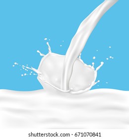 Realistic pouring milk with milk splash on blue background. Vector 3d illustration