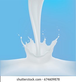 realistic Pouring milk with splashes isolated on blue background. vector illustration