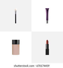 Realistic Powder Blush, Concealer, Pomade And Other Vector Elements. Set Of Cosmetics Realistic Symbols Also Includes Creme, Cosmetics, Pomade Objects.