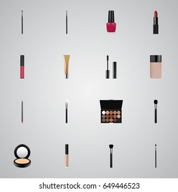 Realistic Powder Blush, Eyelashes Ink, Multicolored Palette And Other Vector Elements. Set Of Cosmetics Realistic Symbols Also Includes Collagen, Eye, Multicolored Objects.