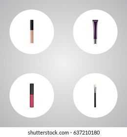 Realistic Powder Blush, Liquid Lipstick, Day Creme And Other Vector Elements. Set Of Maquillage Realistic Symbols Also Includes Lipstick, Pomade, Blush Objects.