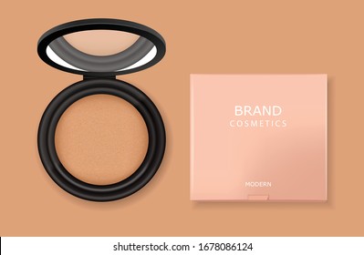 Realistic powder package and pink box, black design, make up product, isolated powder cosmetics, vector illustration