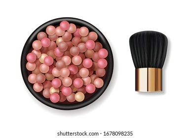 Realistic powder pearls and makeup brush, make up product for face, colored balls cosmetics, vector illustration