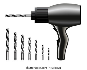 Realistic power vector drills on white background