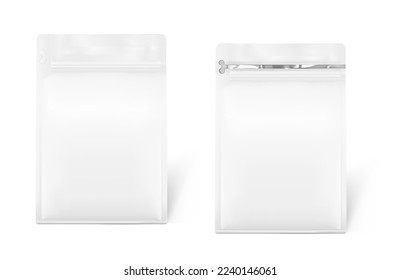 Realistic pre fold pouch bag with tab mockup isolated on white background. Open and close front view. Can be used on packaging, advertising, promo, etc. EPS10.	