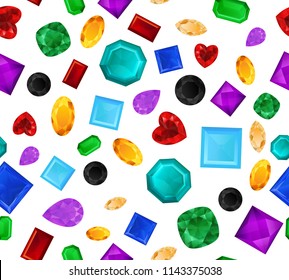 Realistic precious stones pattern vector illustration. Different cuts and colors gemstones. Colorful jewels background isolated on white.
