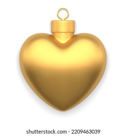 Realistisches Premium-Weihnachtsspielzeug glänzt goldenes metallisches Herz mit Schleife für hängende Vektorgrafik. Luxury Xmas Bauble festliche Fichtendekoration Grußsymbol Überraschung Liebe saisonale Emblem