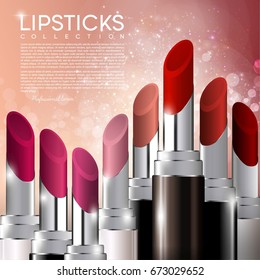 Realistic premium cosmetic poster with lipsticks of different colors on light blurred background vector illustration