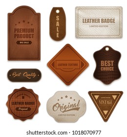 Realistic premium quality genuine leather labels badges tags collection various shapes color and texture isolated vector illustration 