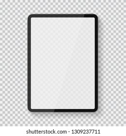 Realistic premium tablet pc computer with blank touch screen isolated on black white background. Ipad tablet vector mockup in trendy thin frame. Vector illustration for your design and business.