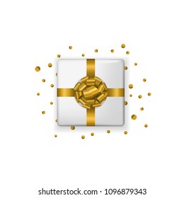 Realistic present box with glossy bow and confetti or glitter isolated on white background. Top view.