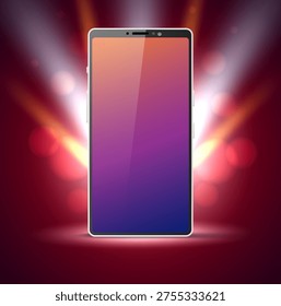 Realistic presentation of mobile phone. 3D device show. Smartphone marketing. Bokeh light glow. Blank screen. Beam shine. Gadget touchscreen. Vector template for advertising or designing new product