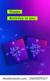 Realistic presents with birthday message. Vertical social media template.