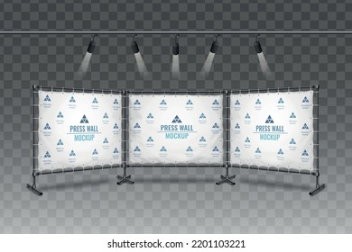 Realistic press wall mockup illuminated by spotlights on transparent background vector illustration