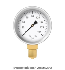 Realistic pressure gauge with brass fitting isolated on white background. Pressure measurement tool. Vector illustration.