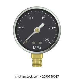 Realistic pressure gauge with brass fitting isolated on white background. Pressure measurement tool. Vector illustration.
