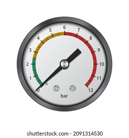 Realistic pressure gauge with color graduations on a white background. Pressure measuring instrument. Vector illustration.