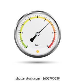 Realistic Pressure Gauge for measuring pressure in white color and metal. Flat Vector Illustration EPS 10