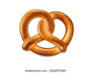 Realistic pretzel. German cuisine symbol, Bavarian bakery or pastry product, Oktoberfest beer festival traditional salty snack or meal. Isolated vector pretzel with salt grains