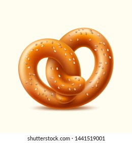 Realistic pretzel. Traditional german salted bread snack for beer. Vector oktoberfest pretzel, bakery design. Fresh salty bavarian food, crunchy lunch meal.