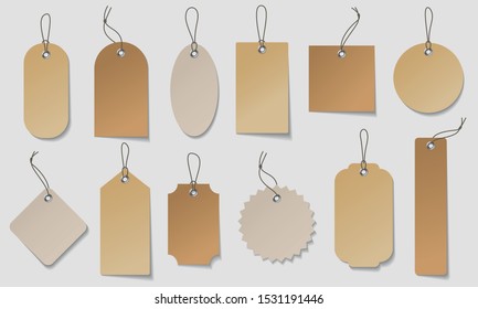 Realistic price tag set. Craft organic white and brown paper labels in different shapes.