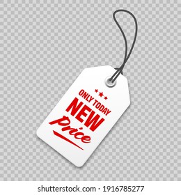 Realistic price tag. Special offer or shopping discount label. Retail paper sticker. Promotional sale badge with text. Vector illustration.
