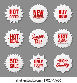 Realistic price tags collection. Special offer or shopping discount label. Retail paper sticker. Promotional sale badge. Vector illustration.