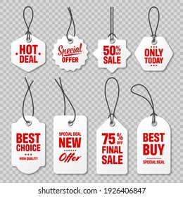 Realistic price tags collection. Special offer or shopping discount label. Retail paper sticker. Promotional sale badge with text. Vector illustration.