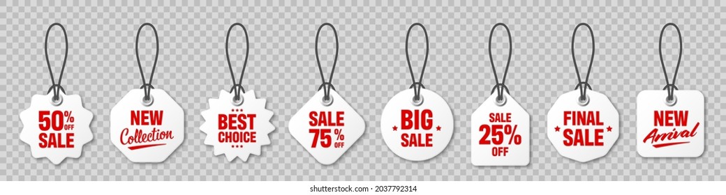 Realistic price tags collection. Special offer or shopping discount label. Retail paper sticker. Promotional sale badge with text. Vector illustration.