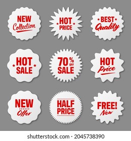 Realistic price tags collection. Special offer or shopping discount label. Retail paper sticker. Promotional sale badge. Vector illustration.