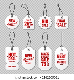 Realistic price tags collection. Special offer or shopping discount label. Retail paper sticker. Promotional sale badge with text. Vector illustration.