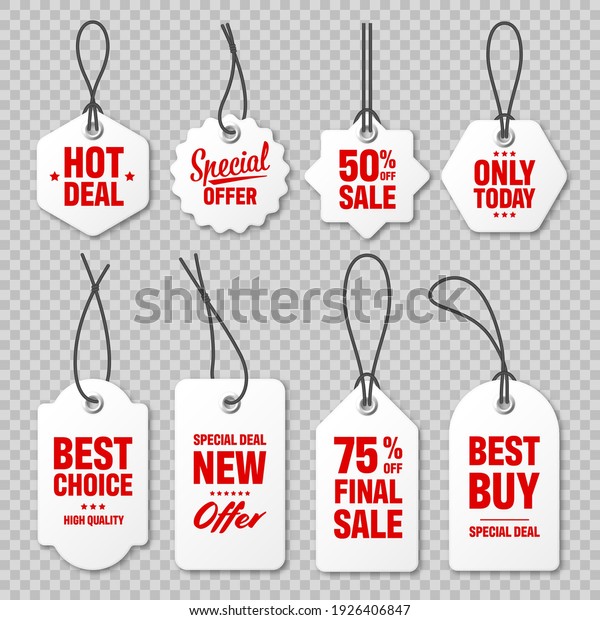 Realistic price tags collection. Special\
offer or shopping discount label. Retail paper sticker. Promotional\
sale badge with text. Vector\
illustration.