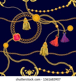 Realistic print with golden chains, rubins and colorful brushes. Seamless vector pattern with jewelry elements. Women's fashon collection. On black background.