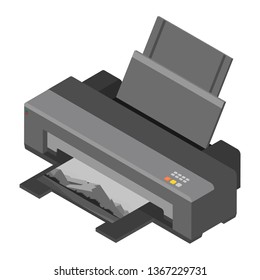 Realistic printer. Print high quality photo paper. Isometric view