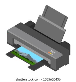 Realistic printer. Print high quality photo paper. Isometric view