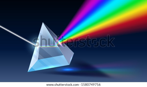 Realistic prism. Light dispersion,\
rainbow spectrum and optical effect. Physics optics ray\
refractions, pyramid prism reflecting realistic 3D vector\
illustration