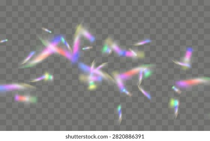 Realistic prism ray with colorful gradient dispersion and bright lens flare, cosmic kaleidoscope glow for futuristic poster or digital overlay texture, flawless clean vector and png.