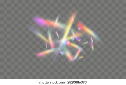 Realistic prism ray with colorful gradient dispersion and bright lens flare, cosmic kaleidoscope glow for futuristic poster or digital overlay texture, flawless clean vector and png.