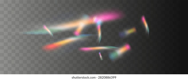 Realistic prism ray with colorful gradient dispersion and bright lens flare, cosmic kaleidoscope glow for futuristic poster or digital overlay texture, flawless clean vector and png.