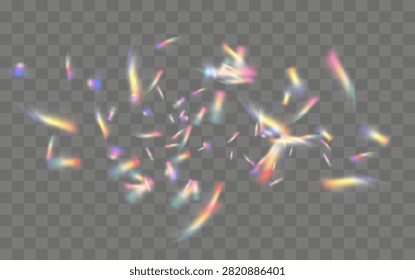 Realistic prism ray with colorful gradient dispersion and bright lens flare, cosmic kaleidoscope glow for futuristic poster or digital overlay texture, flawless clean vector and png.