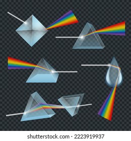 Fijación de prisma realista. Dispersión luminosa, espectro arcoiris y efectos ópticos. Prismas pirámides y reflejo de caídas. Vector 3D realista