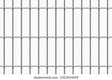 Realistic prison cage. 3d metal prison bars isolated on transparent background. Iron jail cage front view. Vector illustration.