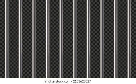 Realistic prison metal bars. Prison fence. Jail grates. Iron jail cage. Metal rods. Criminal grid background. Vector pattern. Illustration isolated on dark transparent background.