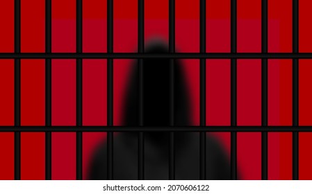 Realistic Prisoner in a Hood Silhouette with Jail Bars. Vector Illustration