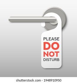 Realistic private door tag. Plastic paper door handle lock hanger. Do Not Disturb sign. Template design for room in hotel, hostel, resort, home. Vector illustration