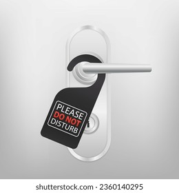 Realistic private door tag. Plastic paper door handle lock hanger. Do Not Disturb sign. Template design for room in hotel, hostel, resort, home. Metal door handles and door lock. Vector illustration