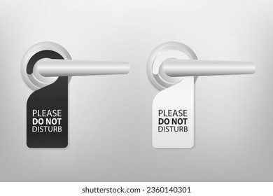 Realistic private door tag. Plastic paper door handle lock hanger. Do Not Disturb sign. Template design for room in hotel, hostel, resort, home. Metal door handles. Vector illustration