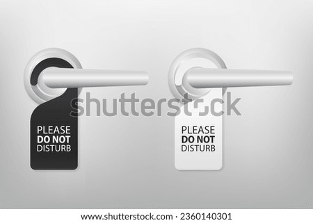 Realistic private door tag. Plastic paper door handle lock hanger. Do Not Disturb sign. Template design for room in hotel, hostel, resort, home. Metal door handles. Vector illustration