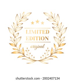 Realistic prize emblem for limited edition product with golden laurel wreath vector illustration